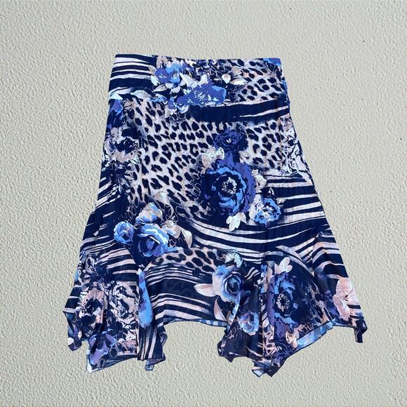Blue leopard floral handkerchief hem midi skirt, Y2K bohemian eclectic hippie - Picture 1 of 5